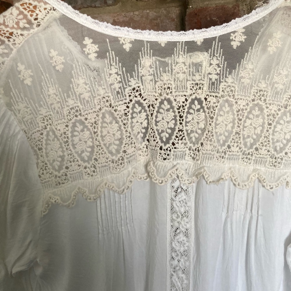 Johnny Was | Love Ivory + Ecru Lace-Trim Pintuck Victorian Boho Romantic Top S - Picture 6 of 16